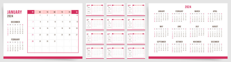 2024 Calendar template design. Week starts on Sunday pink office calendar for businesswoman. Desktop planner in simple clean style. Corporate or business calendar. English vector calendar layout.	