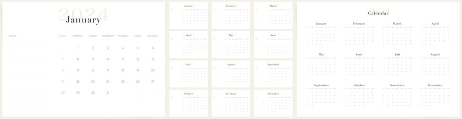 Desk simple 12 months business calendar for 2024 year. Table or Desktop 2024 calendar template design for schedule planner. Weeks starts Sunday. English language.	
