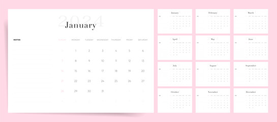 2024 Calendar template design. Week starts on Sunday office calendar. Desktop planner in simple clean style. Modern minimal calendar. English vector calendar layout.	