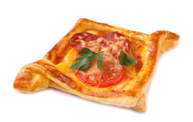 Fresh delicious puff pastry with cheese, tomatoes and parsley on white background, closeup