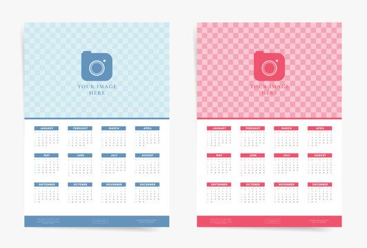 One Page Wall Calendar 2024 set. Blue, white and Red vertical versions. A4 A3 Vector