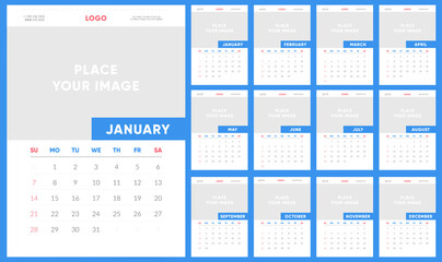Calendar 2024, Set Wall Calendar Template Design with Place for Photo. Week Starts on Sunday. Set of 12 Months.
