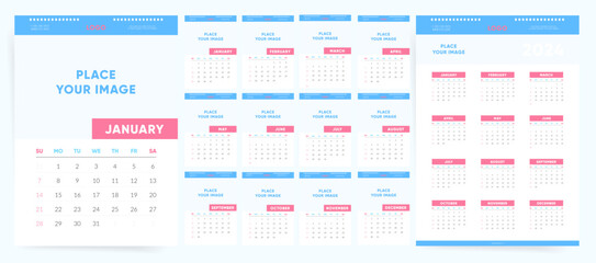 Fototapeta na wymiar Vertical A4 desk monthly calendar for 2024. Business Calendar Template in Blue Colors. The week starts on Sunday.