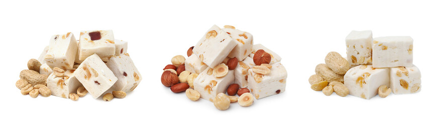 Piles of delicious nougat with nuts on white background, collage design