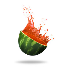 Watermelon with splashing juice on white background