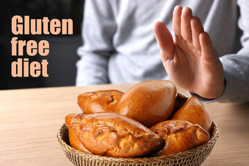 Gluten free diet. Man refusing from pastry at home, closeup