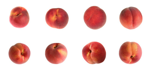 Set of fresh peaches on white background