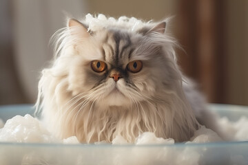 Persian cat bathes in a bath with foam. generative ai.