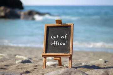 Chalkboard on a beautiful beach with text "out of office" on it - Done with generative AI