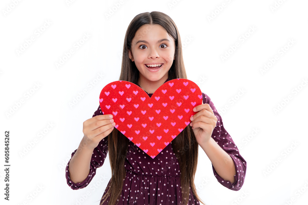 Canvas Prints lovely romantic teenage girl hold red heart symbol of love for valentines day isolated on white back