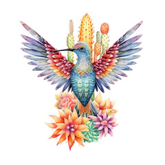 A colorful hummingbird with cactus and flowers on a white background. Generative AI.