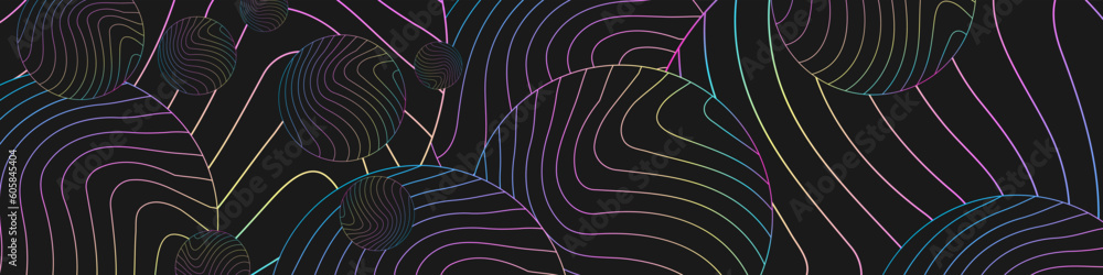 Poster abstract black background with circles and wavy lines pattern. modern dark abstract vector texture.