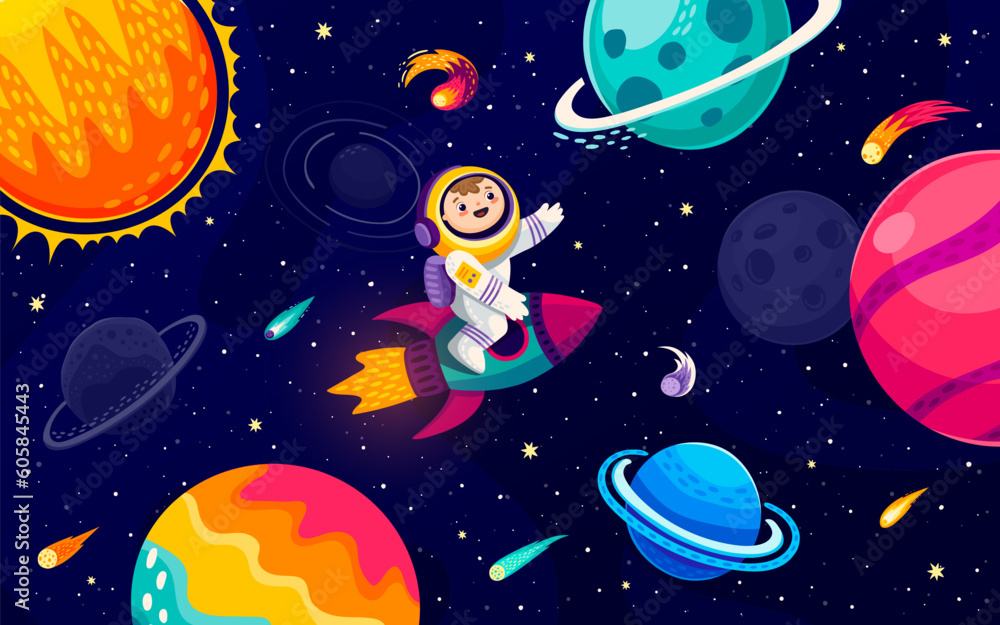 Poster cartoon astronaut on rocket in starry galaxy between space planets, comets and asteroids. space expl