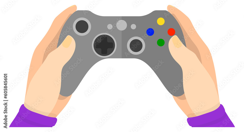 Poster hands hold gamepad. video game controller icon