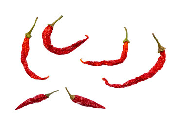 Dried red chili or chilli cayenne pepper isolated on white background / Set / different sice /...