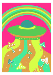 Psychedelic poster with rainbow and flying ufo in retro style