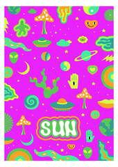Colorful psychedelic print with retro pattern. Hippie poster