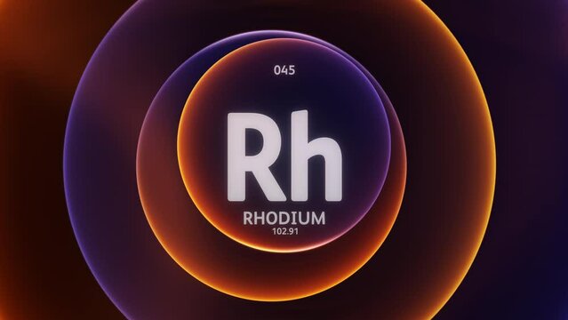 Rhodium as Element 45 of the Periodic Table. Concept animation on abstract blue orange gradient rings seamless loop background. Title design for science content and infographic showcase backdrop.