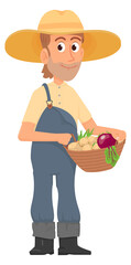 Man harvesting vegetables. Cartoon farmer character with basket