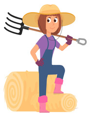 Female farmer with pitchfork stacking hay roll. Cartoon icon