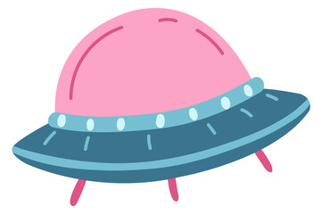 Ufo drawing. Cute color spaceship in hand drawn style