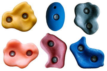 Set of grips different colors and shapes for climbing wall isolated on white background / set collection of various artificial climbing holds with clipping path / bouldering extreme sport