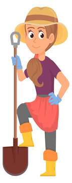 Gardening woman with shovel. Female farmer character