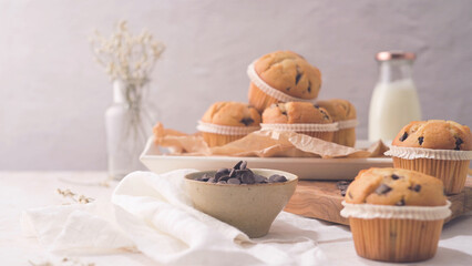 Chocolate chip muffins with milk