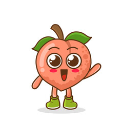 A happy peach waving its hands. Cute funny peach fruit waving hand character