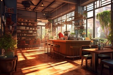 広い店内のお洒落なカフェ：AI作品

