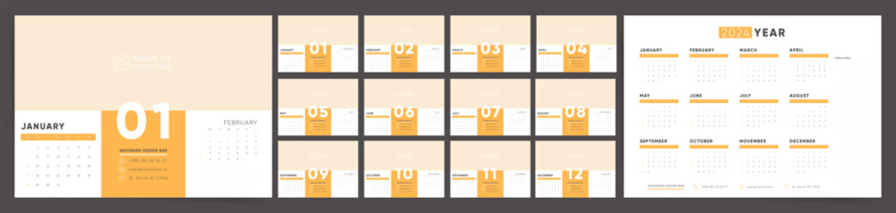 Horizontal desk monthly calendar for 2024. Business Calendar Template in Orange Colors. The week starts on Sunday. - obrazy, fototapety, plakaty