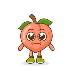 a picture of peach fruit with a flat expression. No words straight face peach fruit emoji. Vector flat design emoticon icon isolated on white background.