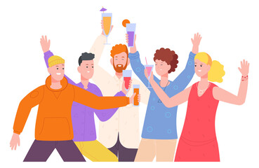 People celebrating. Cheers with cocktail glasses. Party characters