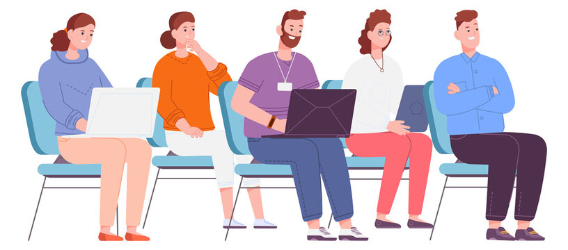 People sitting on chairs. Conference audience. Men and women listening lecture