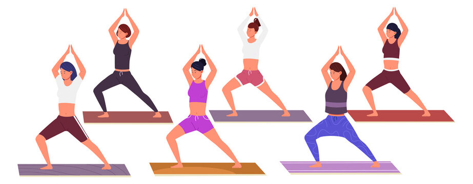 Aerobics class. Women training yoga pose and stretching