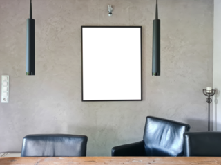 Empty Black wooden picture frame mockup hanging on grey wall background / Living room interior with white empty poster on the wall / empty picture frame mockup