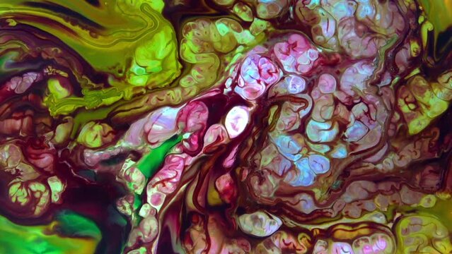 Liquid Colorful Paint Pattens Mix in Slow Motion. Liquid Color Paint Patterns Texture Top View. Multicolor Liquid Paint Surface.
