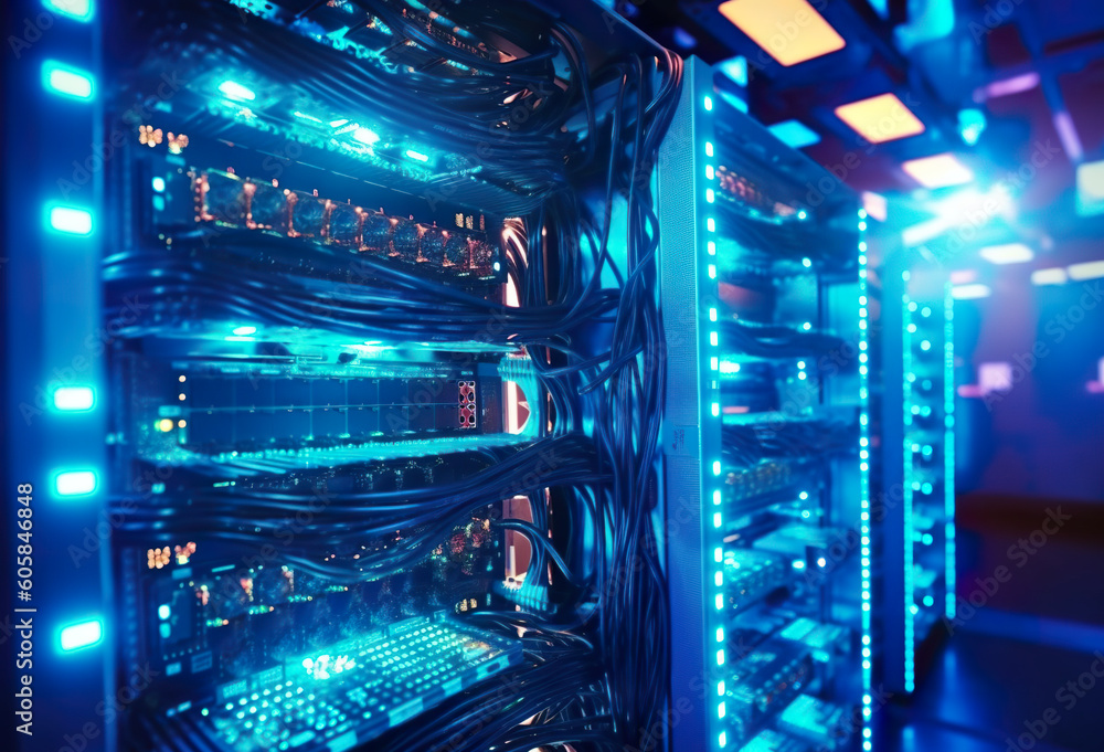 Poster a row of servers in a server room. generative ai.