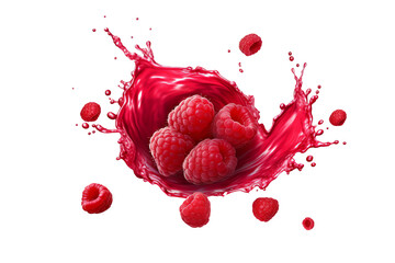 fresh ripe raspberry with raspberry juice splash isolated on transparent background