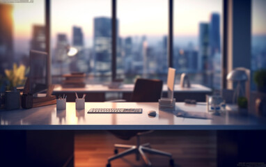 workspace  blurred office interior workplace with cityscape for business presentation background, Generative AI	