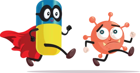 Fotobehang Superhero Pill Running to Catch a Scared Flu Virus Character Vector Cartoon. Powerful medication treatment chasing the viral disease away  © nicoletaionescu