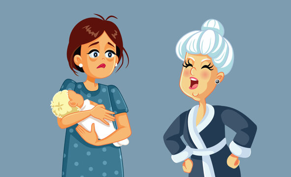 Elderly Woman Scolding New Mom with Baby Vector Illustration. Mother with newborn feeling depressed and criticized by her family
