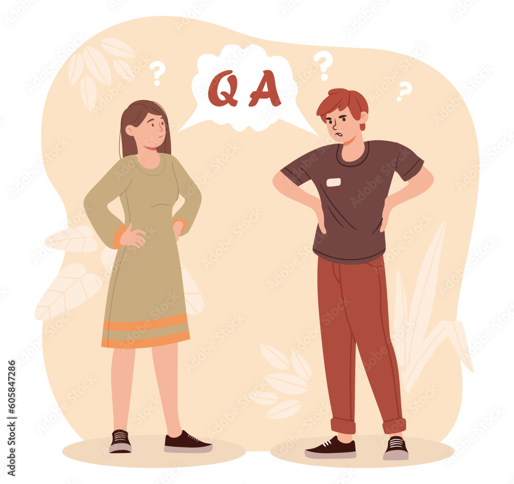 Poster qa man and woman. answers to frequently asked questions and advice. informative poster or banner for