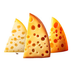 three different cheese kinds slices isolated on transparent background