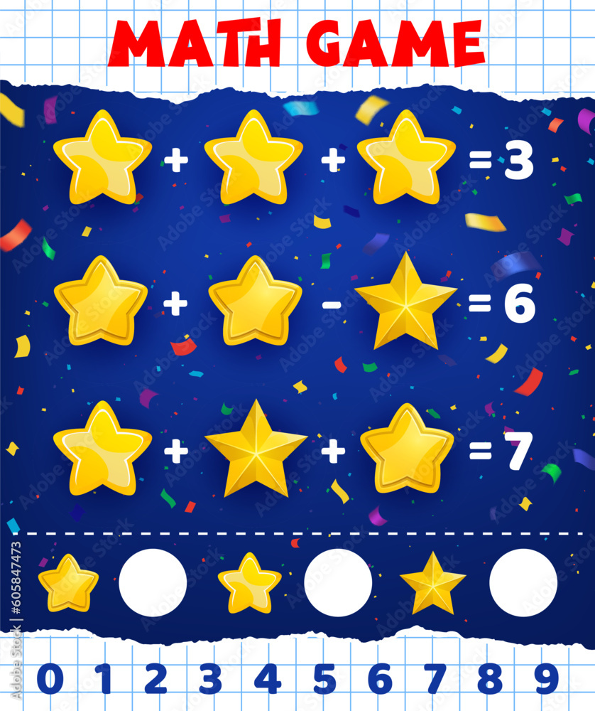 Poster math game worksheet, cartoon golden yellow stars, vector kids mathematical quiz. education puzzle or