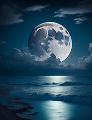 full moon over the sea, landscape, dark, beach, fantasy, horizon, reflection, sun, star, astronomy, waves