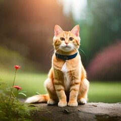 Obraz premium A cute cat sitting, flower garden background