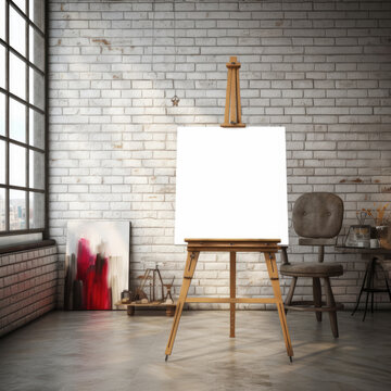 Design a photorealistic image mockup of a blank canvas on an easel, providing a space for artists to showcase their paintings or digital artwork Generative Ai