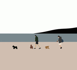 Man and woman playing with dogs on the beach at low tide. Enjoying Summer Holidays Vacations, Having Fun With Pet. Summertime Concept.