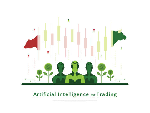 Utilization of artificial intelligence in the stock market which is shown by a candlestick chart with bull and bear faces to represent the bearish market and bullish market